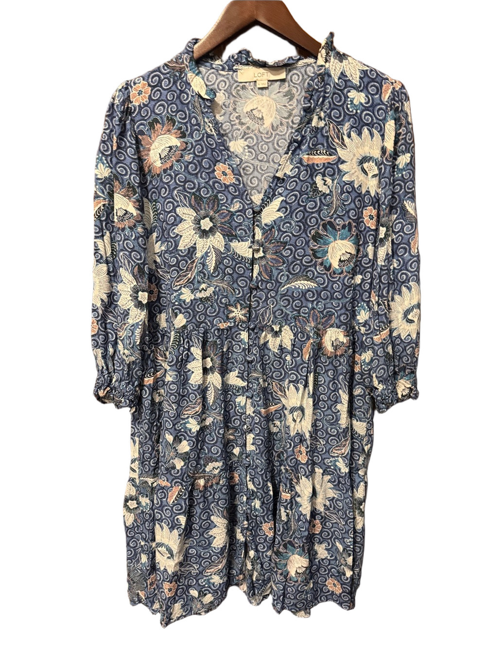 LOFT Blue Floral Tiered V-Neck Button Dress Size M
